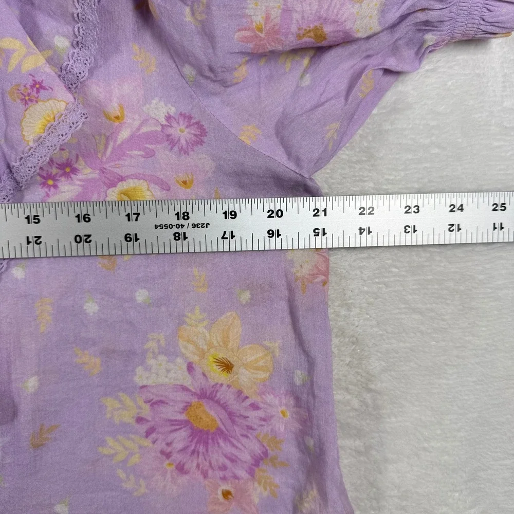 Spell Purple Floral Ruffle V-Neck Blouse Boho Puff Sleeve Top Medium 9562